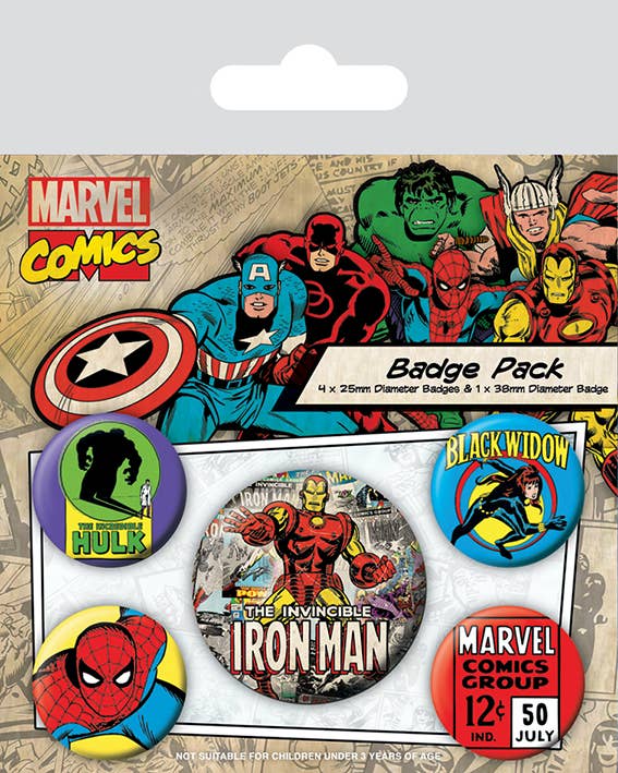 Marvel Comics Badge Pack – Set of 5 Superhero Badges Featuring Hulk, Iron Man & More