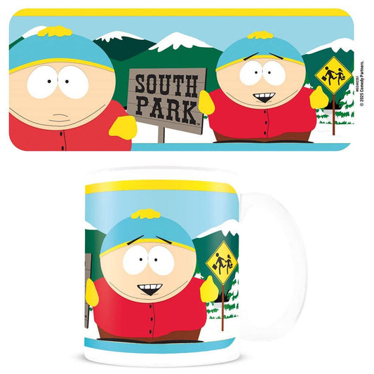 South Park-themed mug with characters holding signs and a mountain background