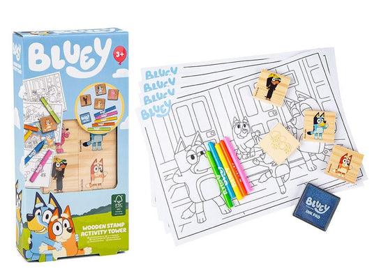 Bluey Wooden Stamps Activity Set – 4 Stampers, Ink Pad, Felt Tips & Colouring Sheets – Kids Craft Kit
