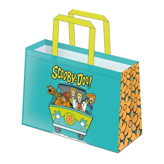 Teal tote bag with Scooby-Doo graphic and yellow handles on a white background