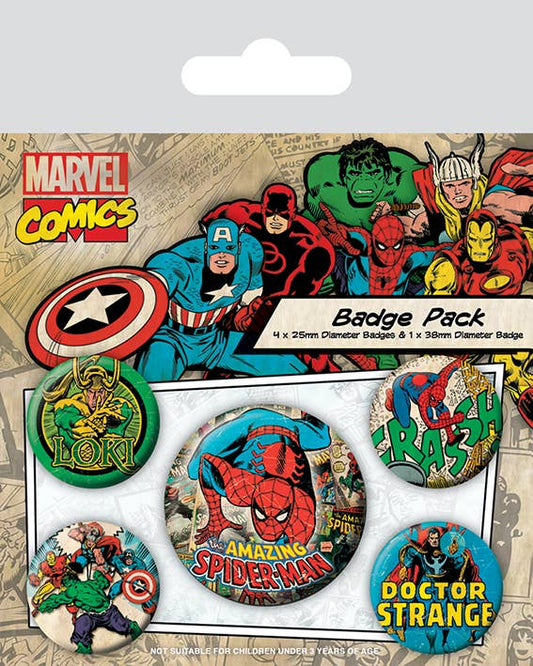 Marvel Comics Badge Pack – Set of 5 Superhero Badges Featuring Loki, Dr Strange & More