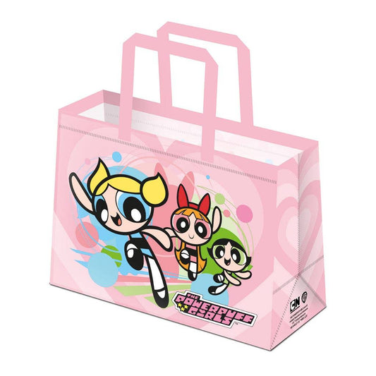 Pink tote bag with cartoon characters on a white background