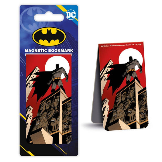 Packaging and the product image of a magnetic bookmark featuring Batman and a Gotham City skyline design.