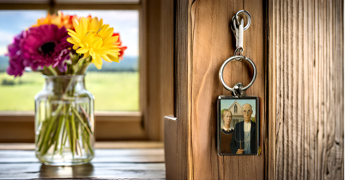 American Gothic Art Keyring – Grant Wood Classic Painting Metal Keychain