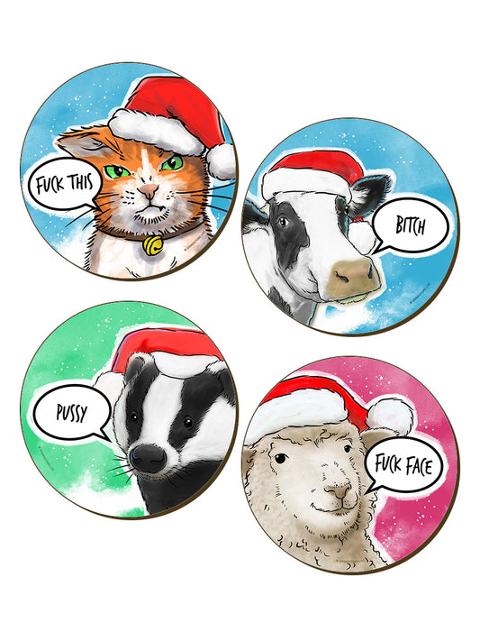 Cute but Abusive Christmas Animals Coasters - Set of 4