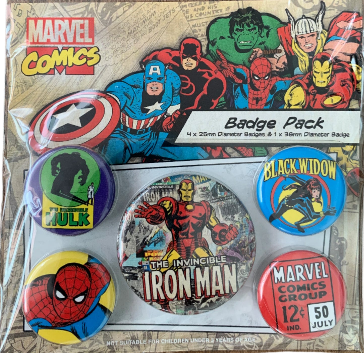 Marvel Comics Badge Pack – Set of 5 Superhero Badges Featuring Hulk, Iron Man & More
