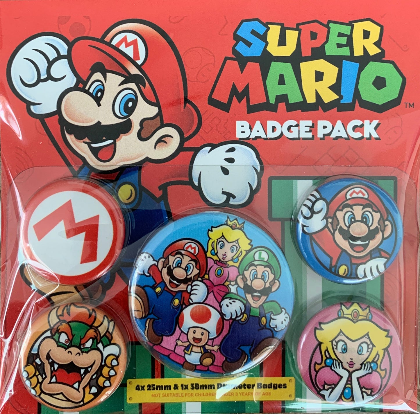 Nintendo Super Mario Badge Pack – Set of 5 Character Pins Featuring Mario, Bowser & Peach