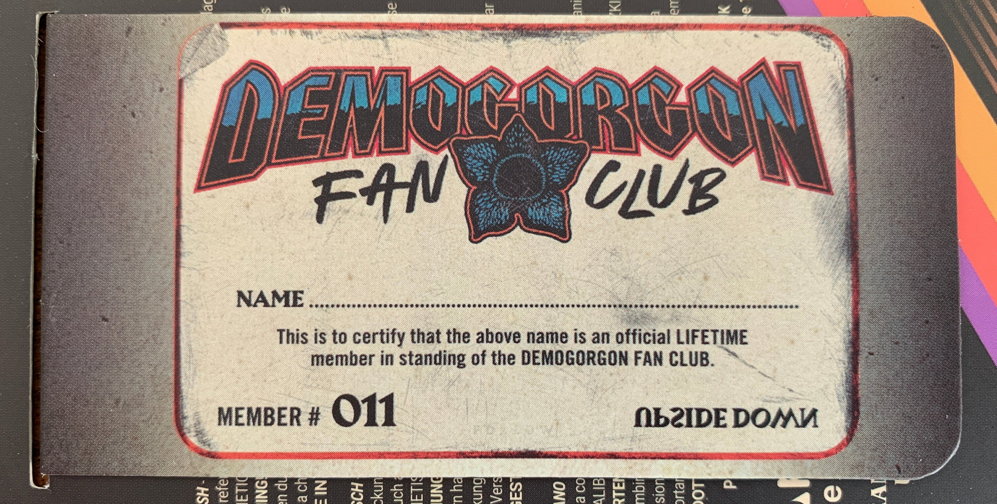 Demogorgon Fan Club membership card on a white background