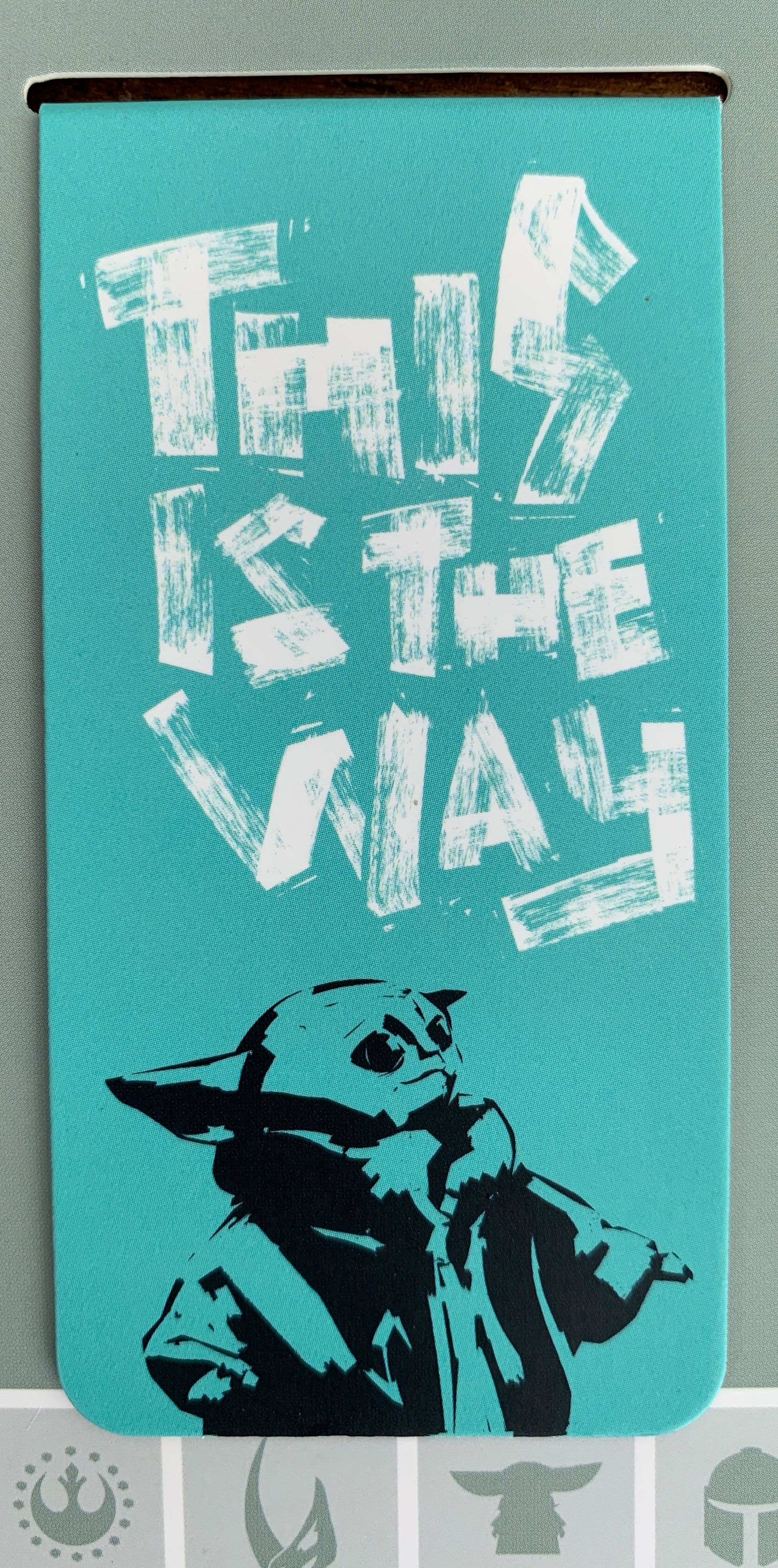 Teal card with white text and black silhouette on a white background