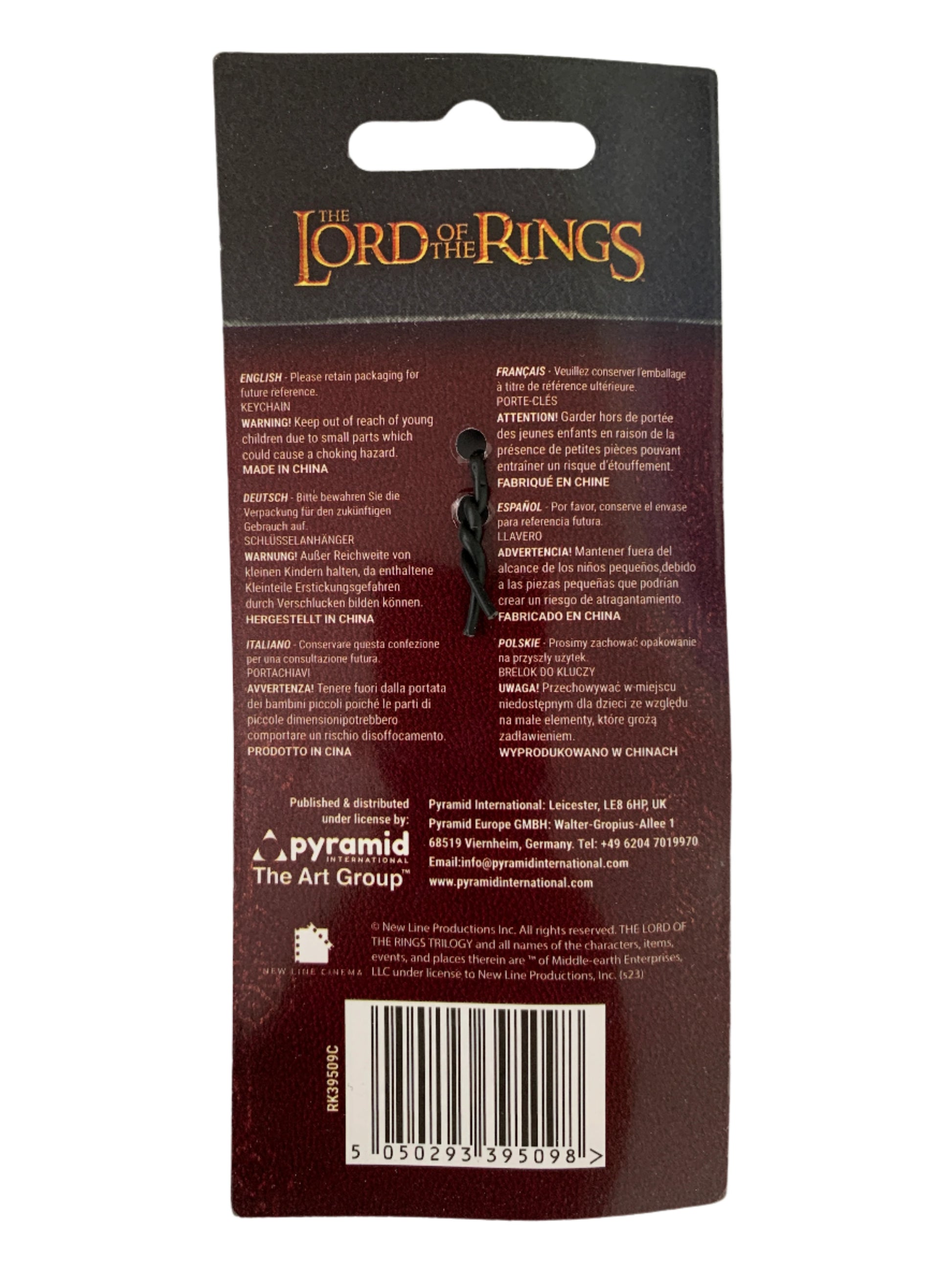 Lord of the Rings keychain packaging with text and barcode on a white background