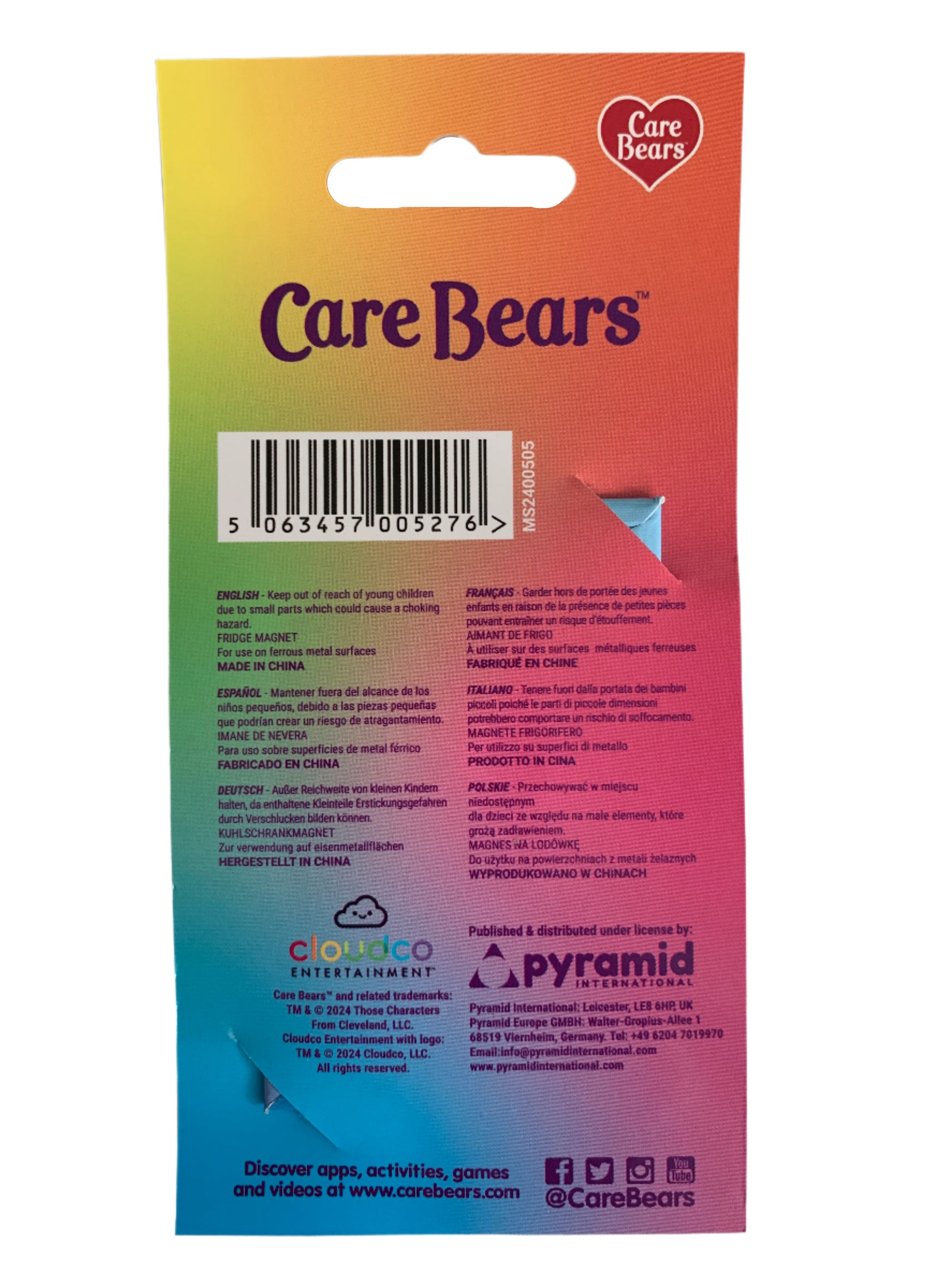 Care Bears product packaging with a rainbow gradient on a white background