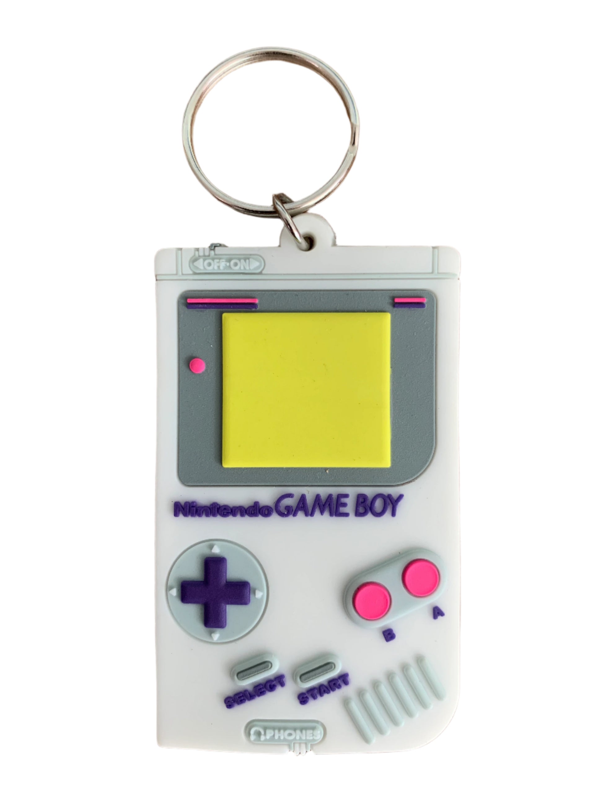 Keychain designed like a Game Boy on a white background