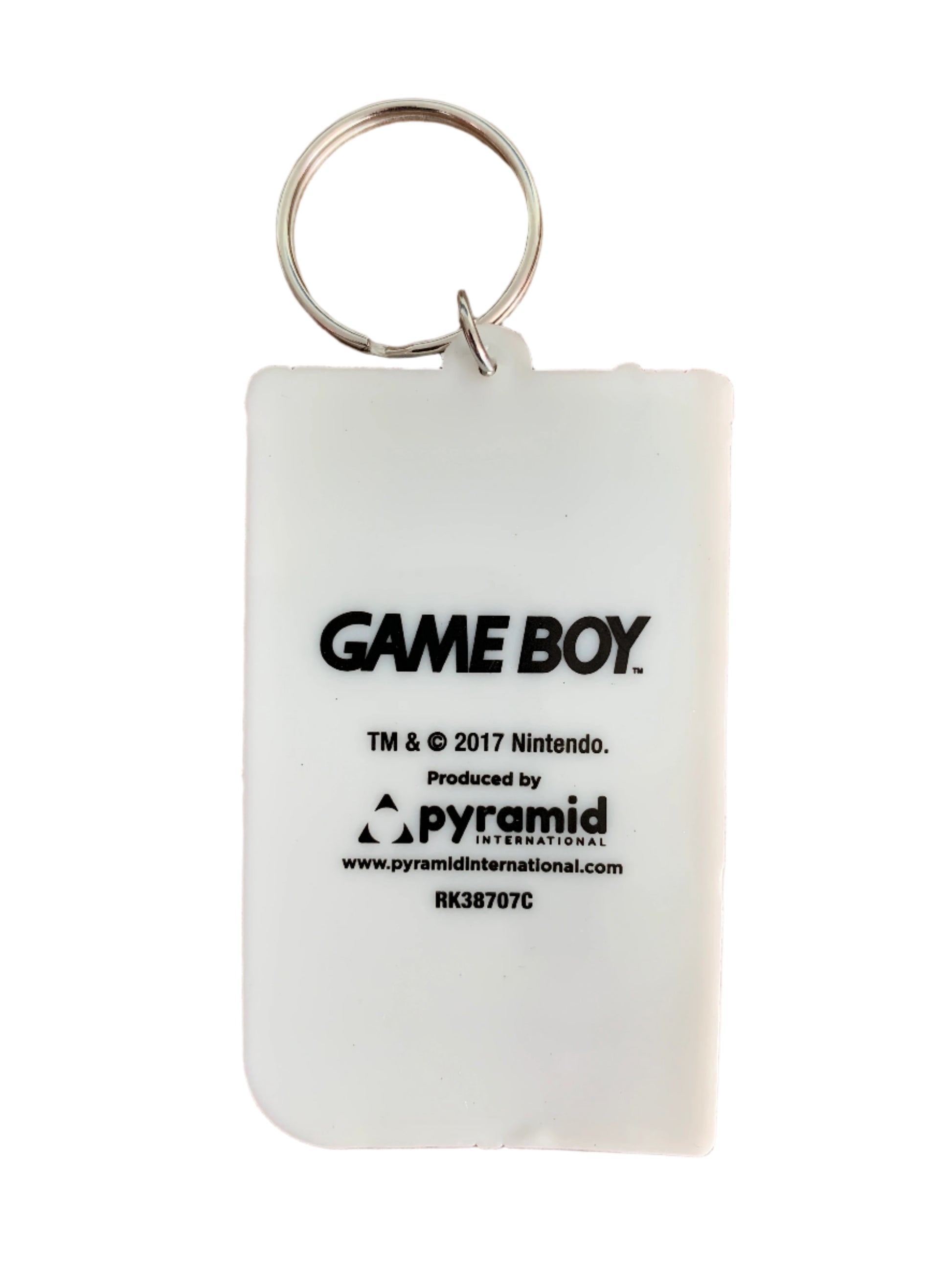 White Game Boy keychain tag with black text on a white background