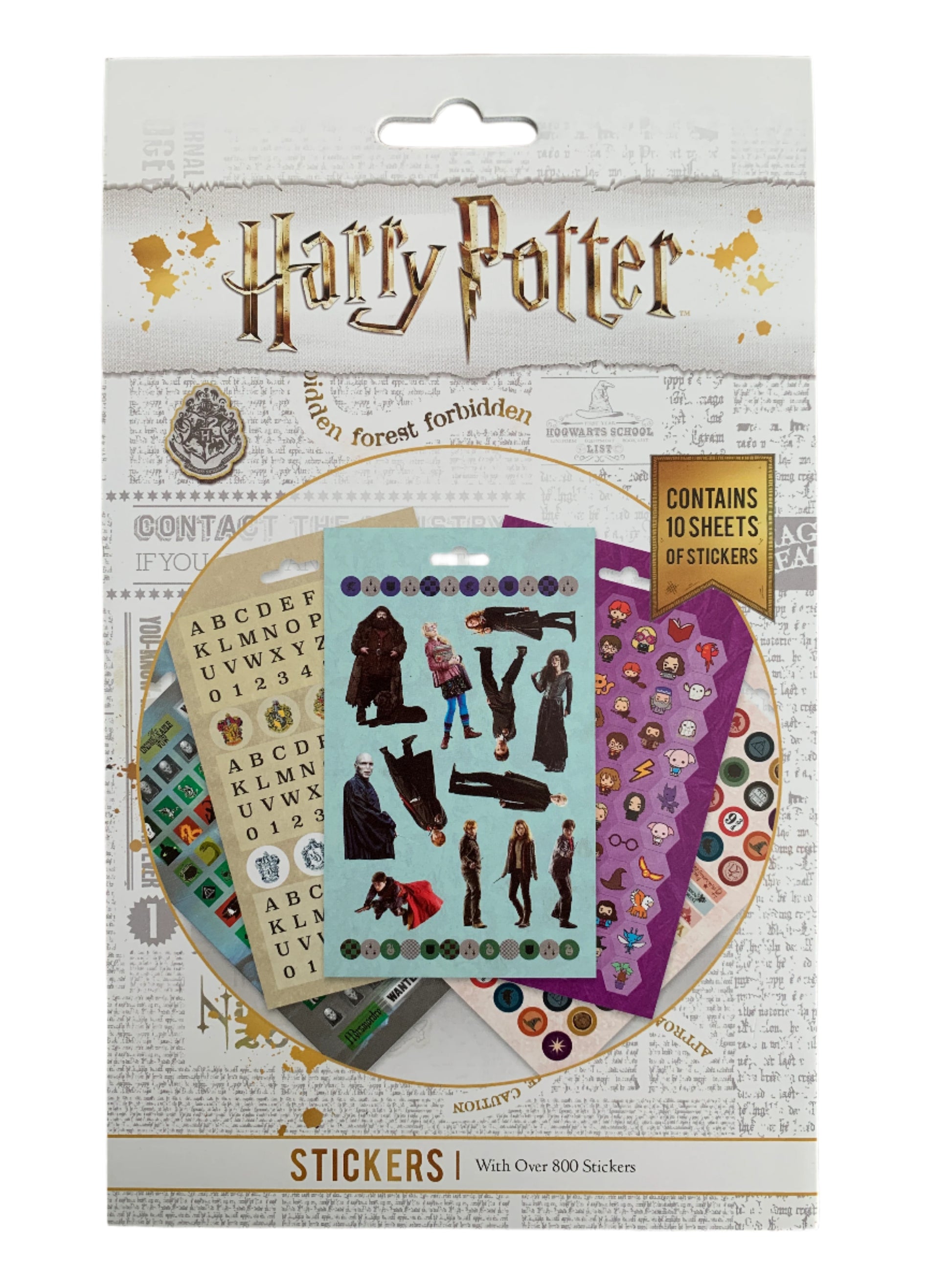 Packaging of Harry Potter stickers with various designs on a white background