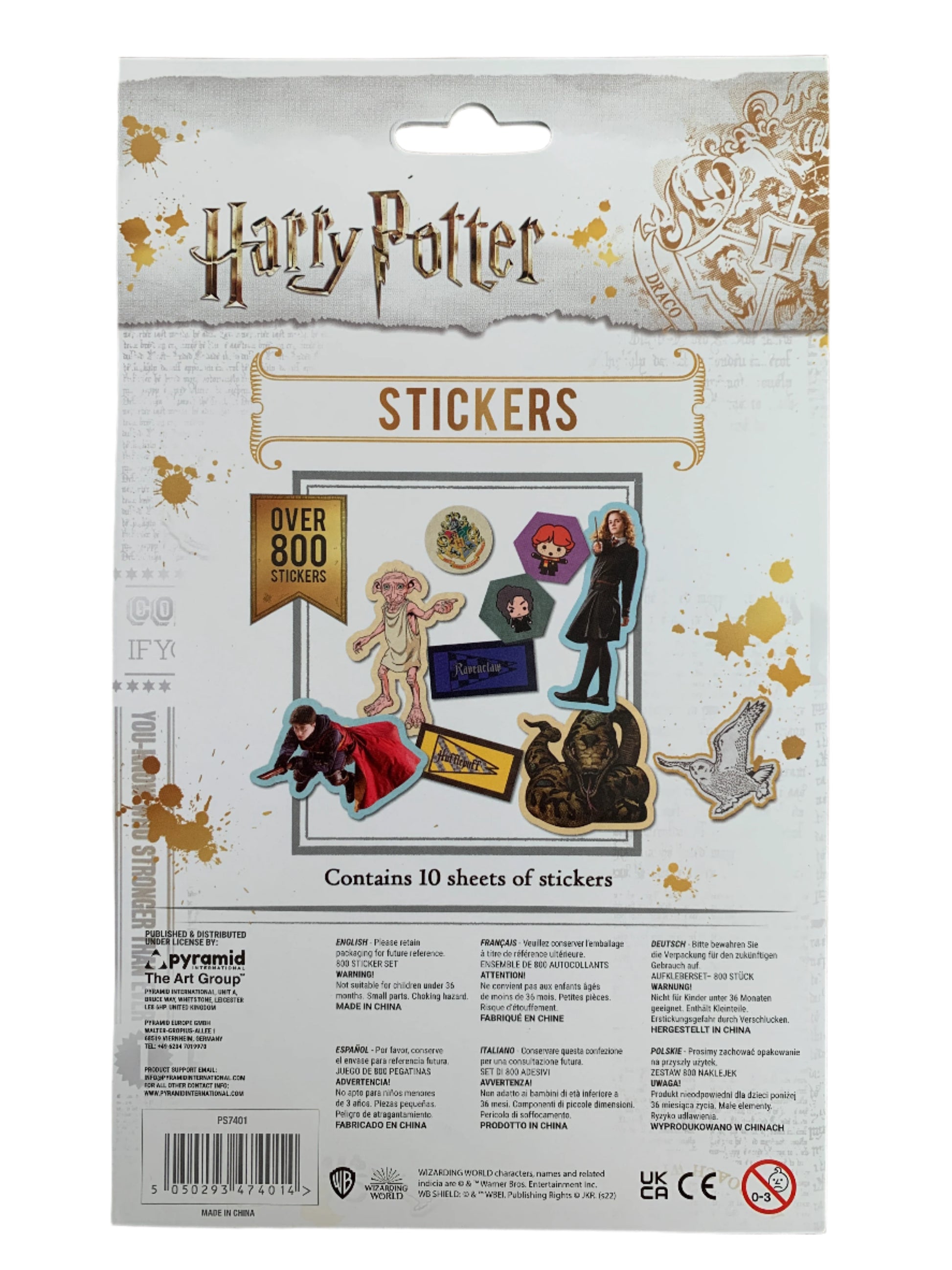 Packaging of Harry Potter stickers with decorative elements on a white background