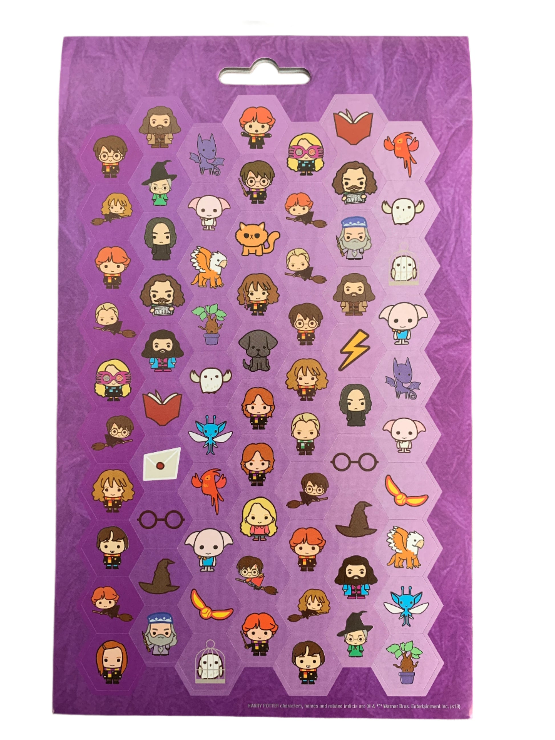 Purple sheet with small character stickers on a white background