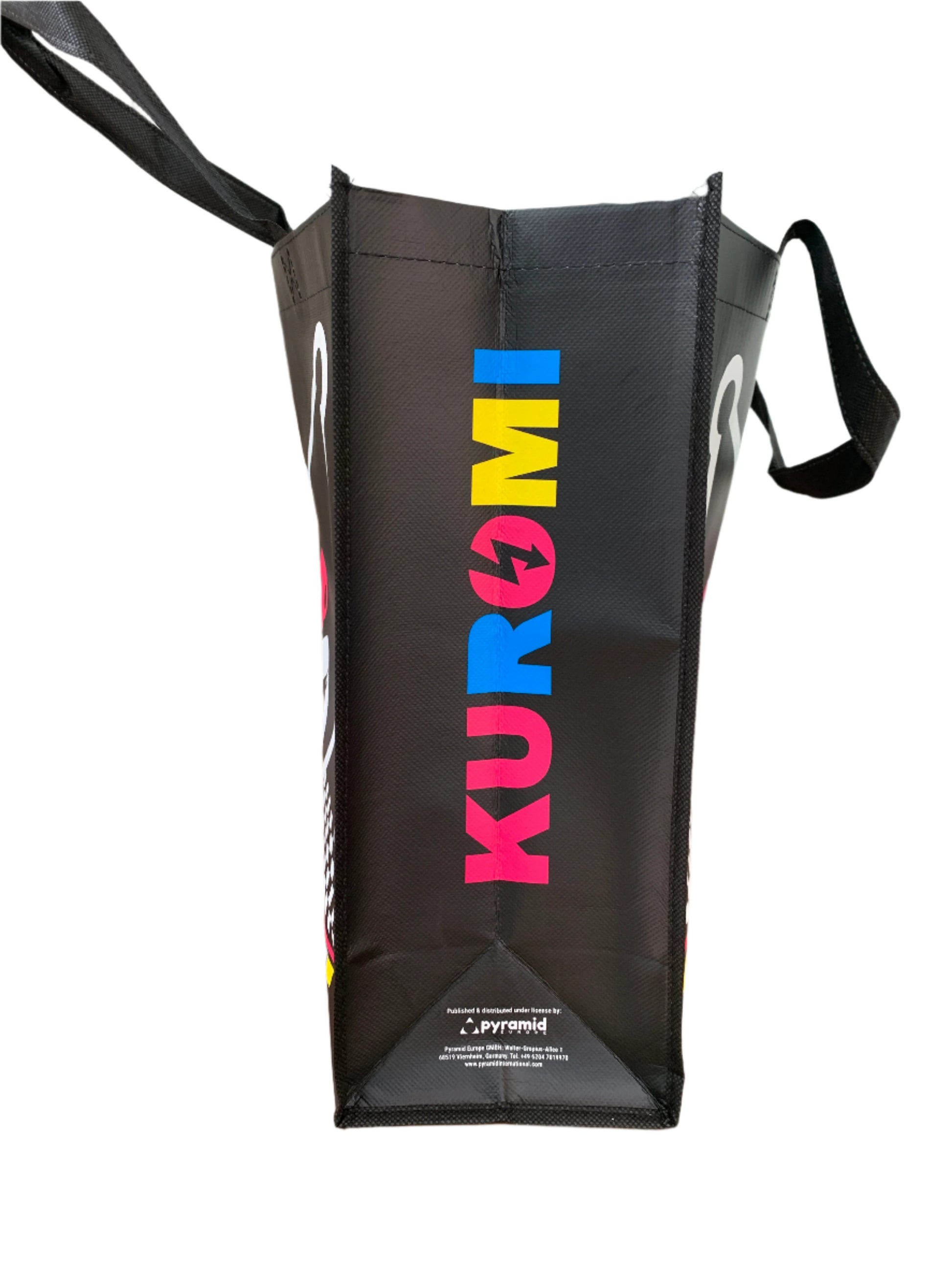 Black bag with colorful 'Kuromi' branding on a white background