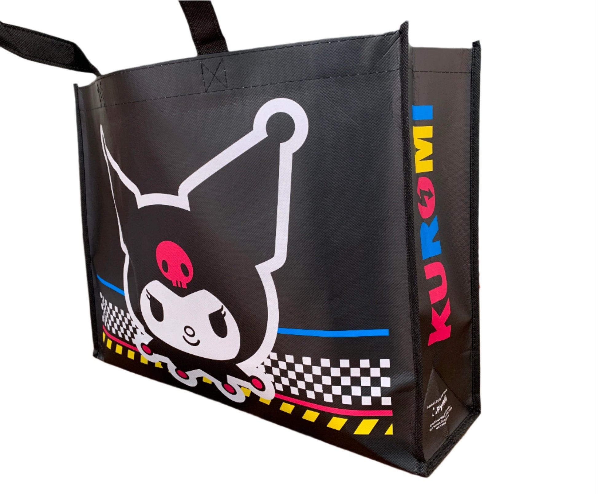Black tote bag with cartoon character and 'Kuromi' branding on a white background