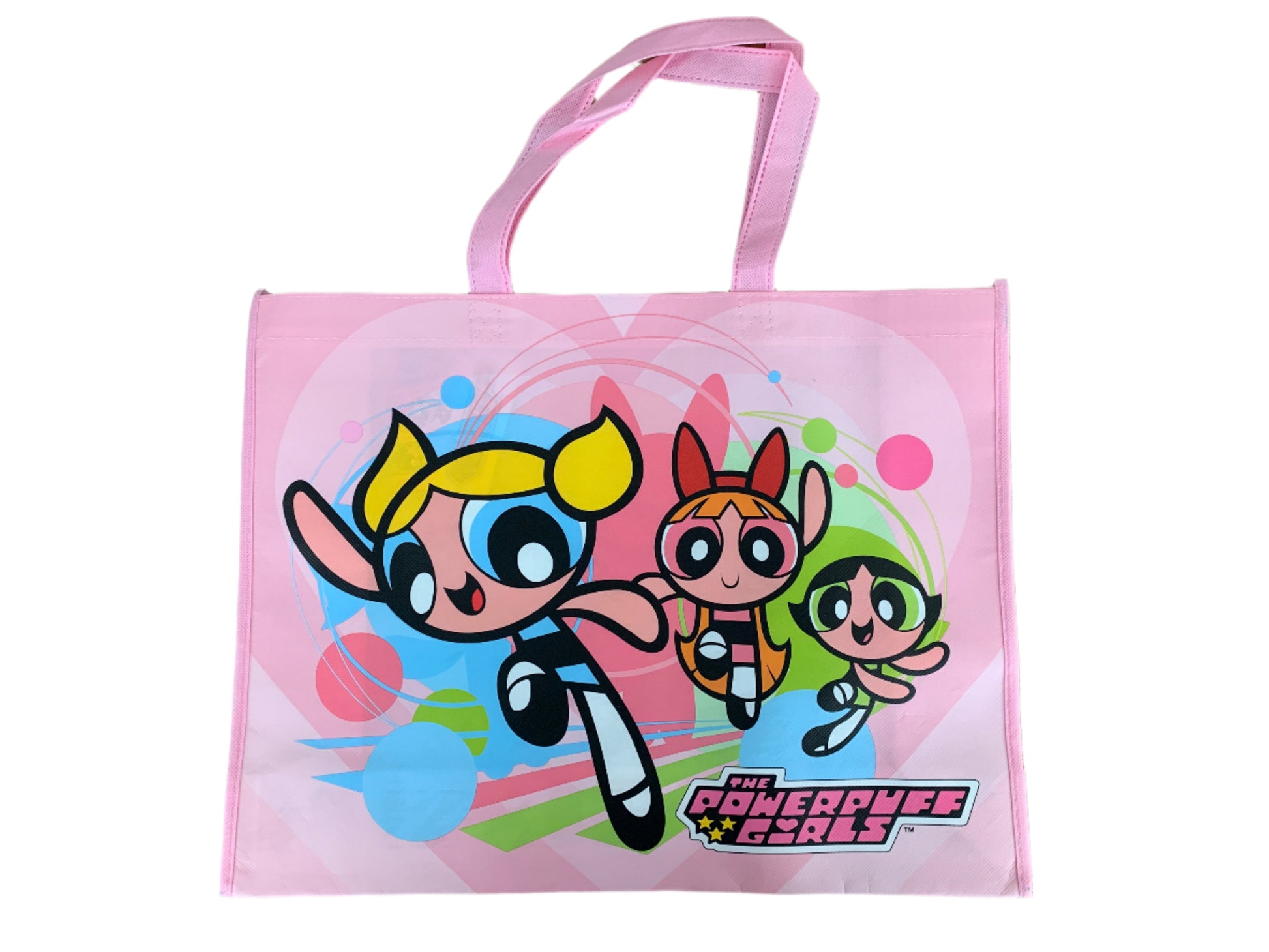 Pink tote bag with Powerpuff Girls characters on a white background