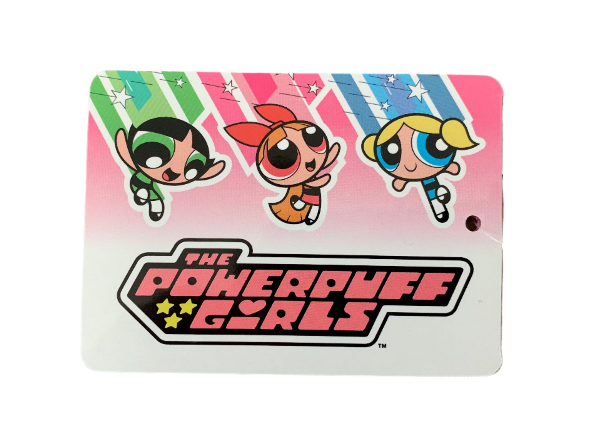 Label with Powerpuff Girls characters on a white background