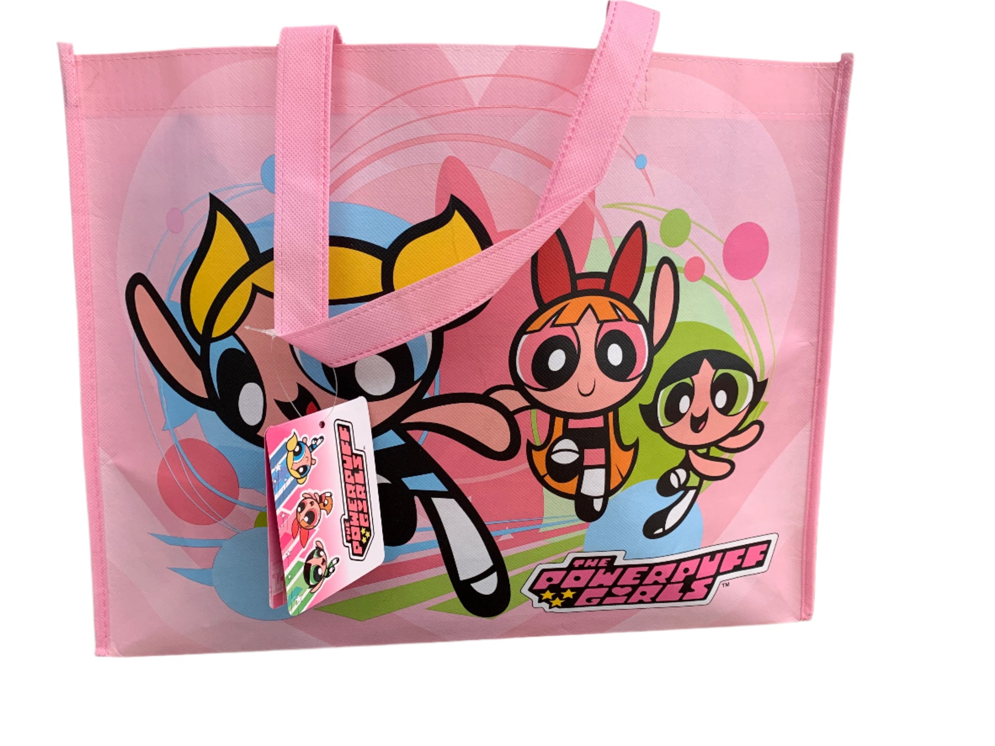 Pink tote bag with cartoon characters and 'Powerpuff Girls' branding on a white background