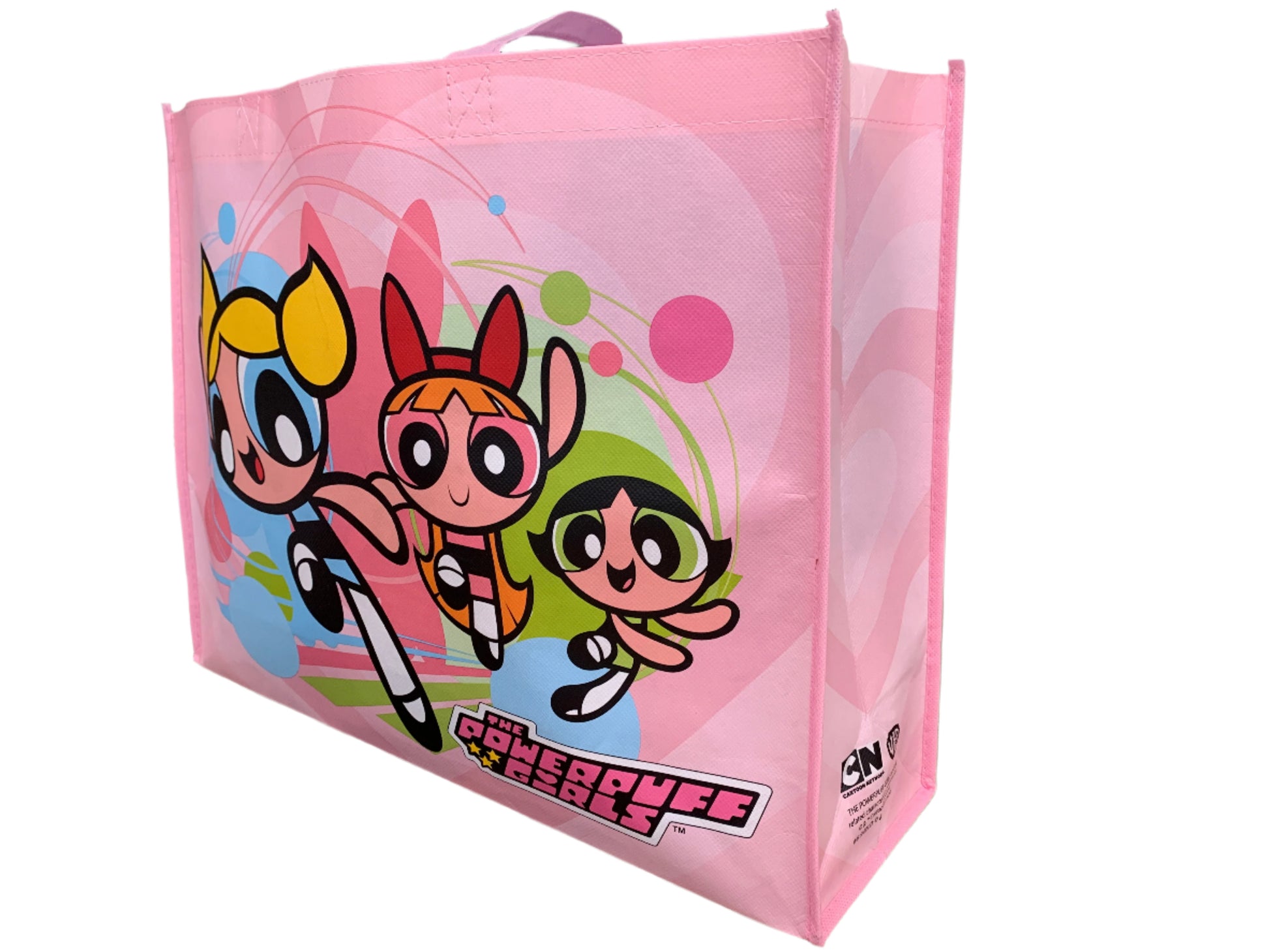Pink bag with Powerpuff Girls design on a white background