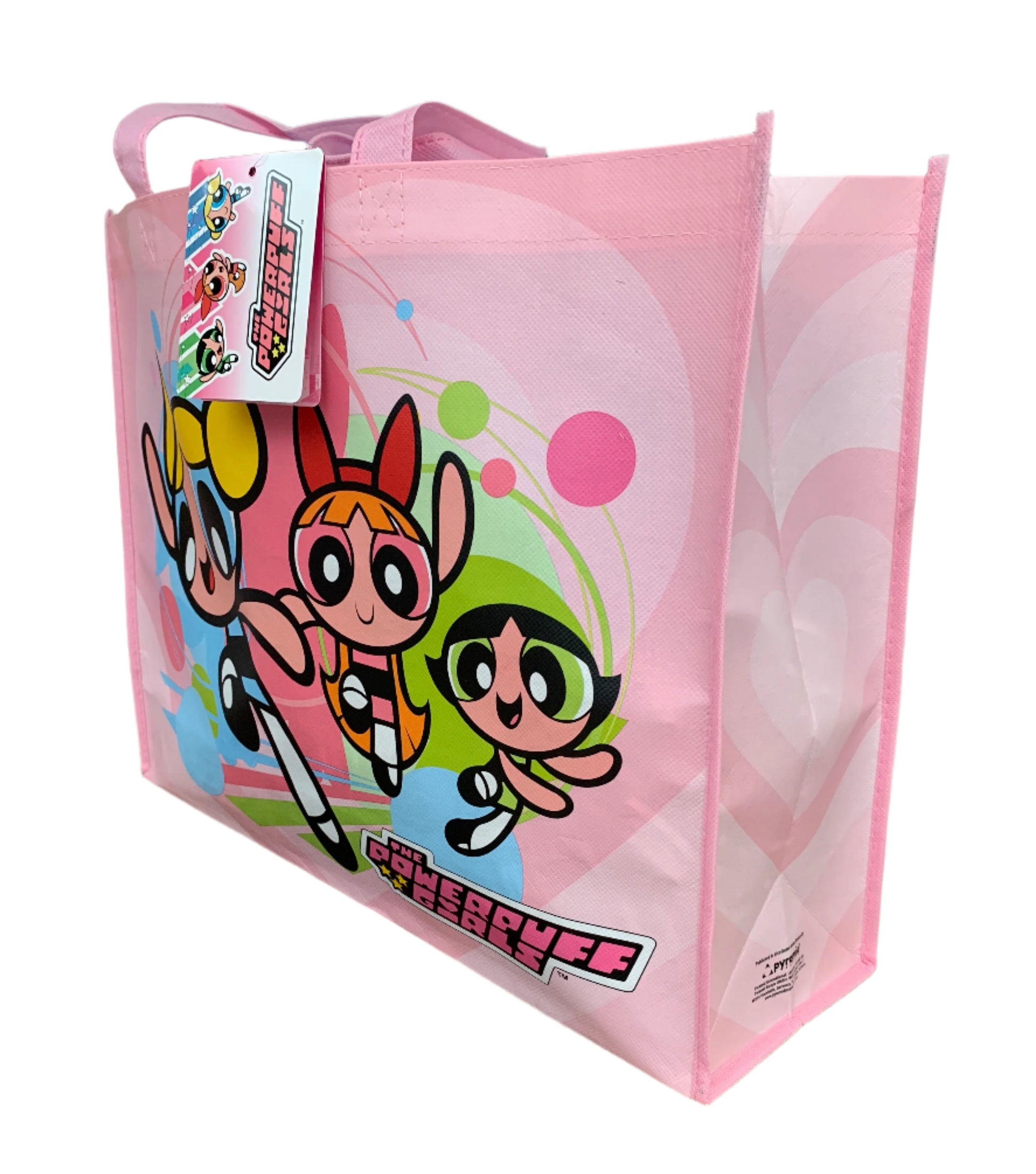 Pink bag with cartoon character design on a white background