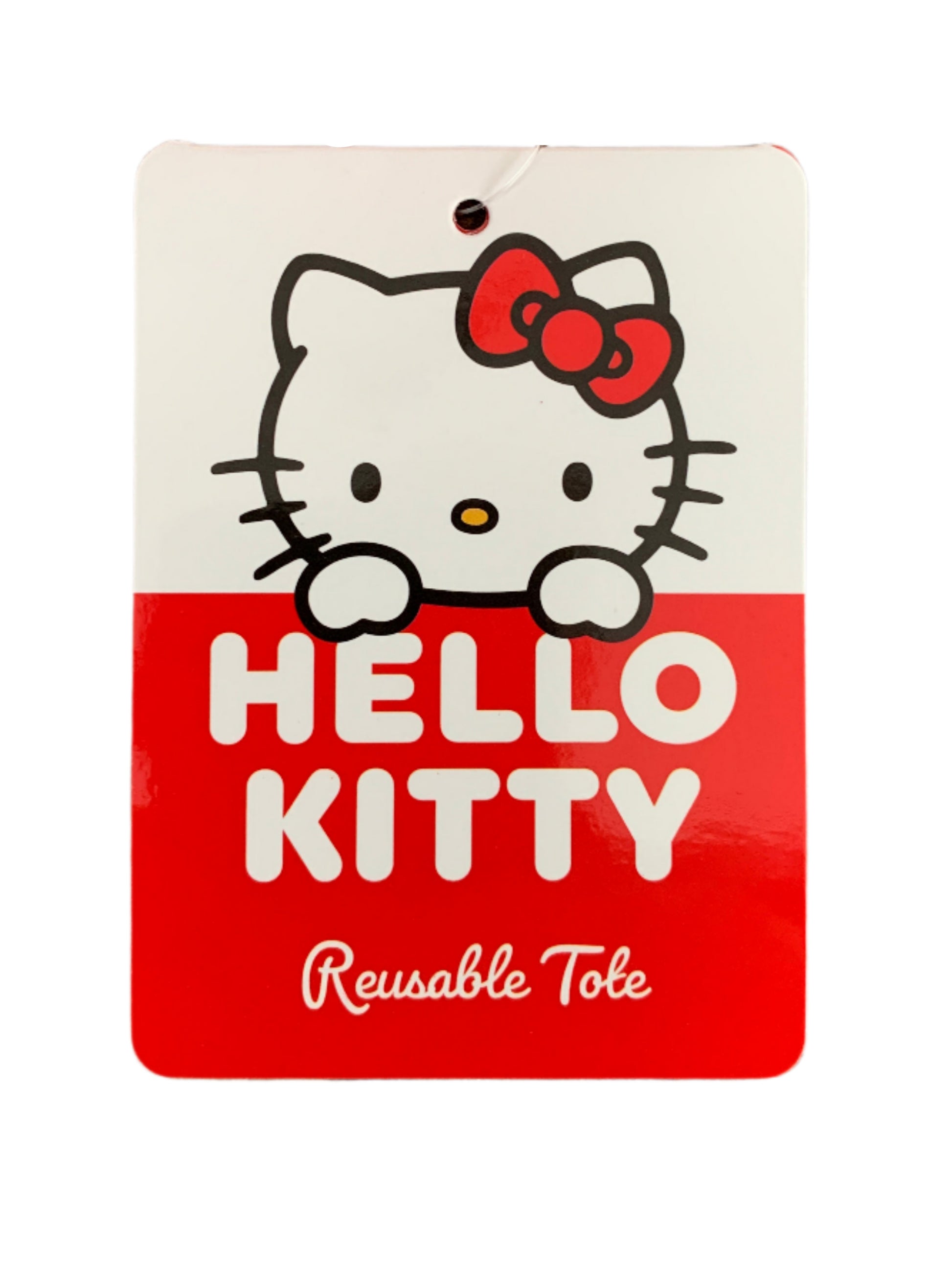 Hello Kitty reusable tote bag label on a white background