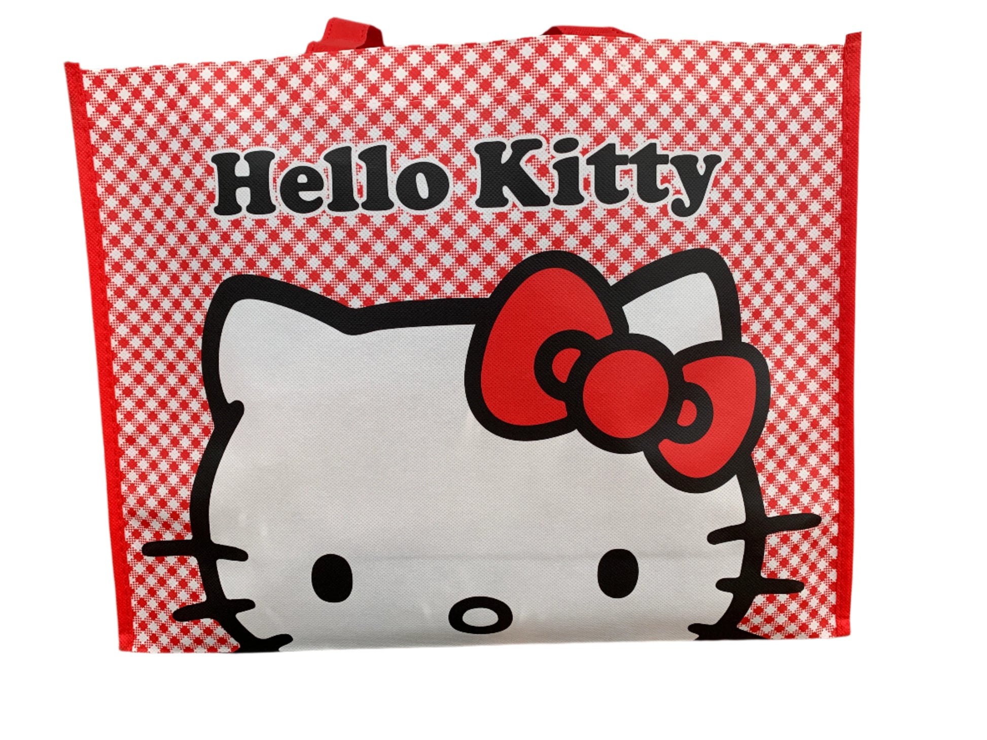 Red and white checkered bag with Hello Kitty face on a white background