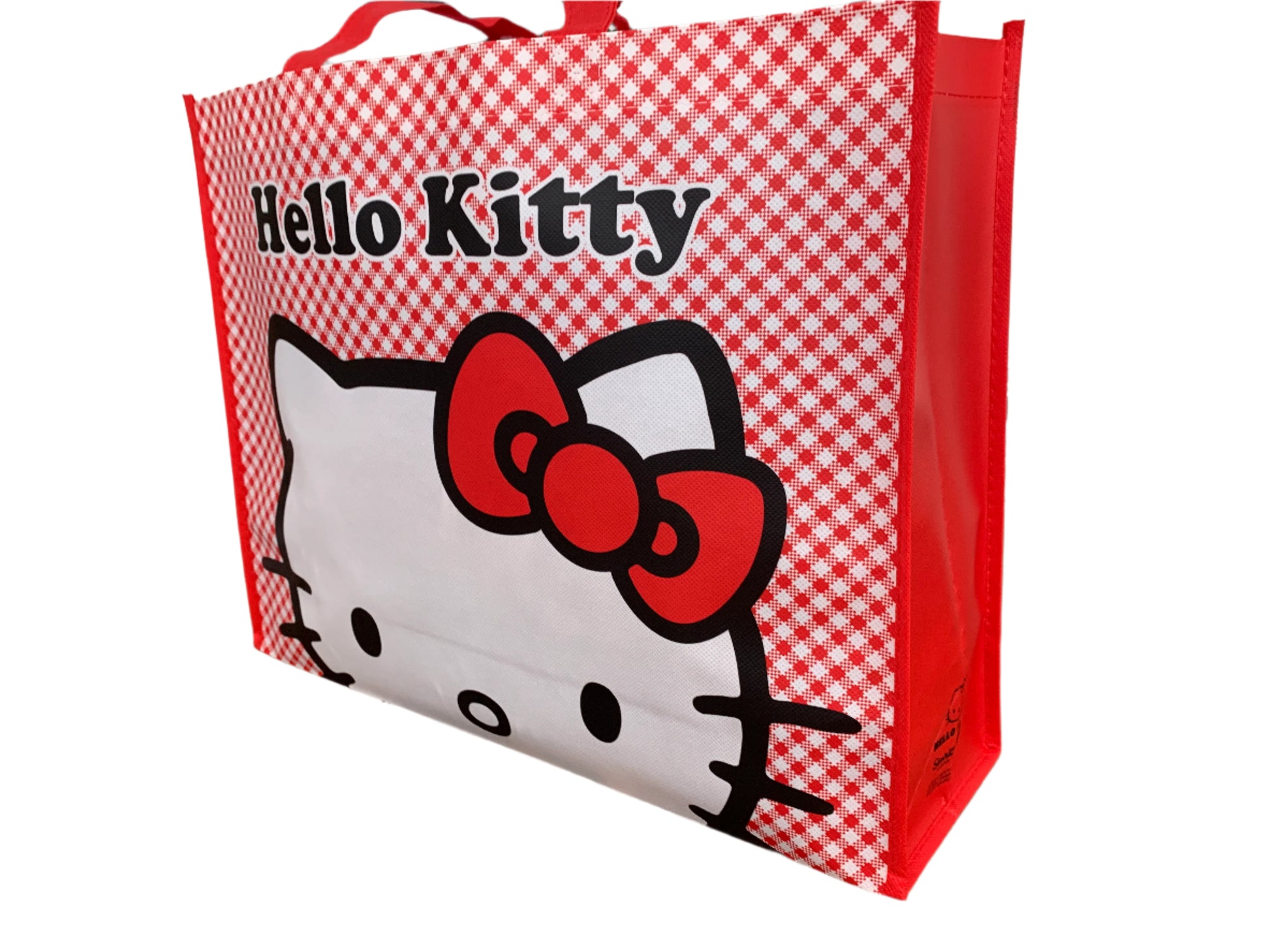 Hello Kitty gift bag with red and white checkered pattern on a white background