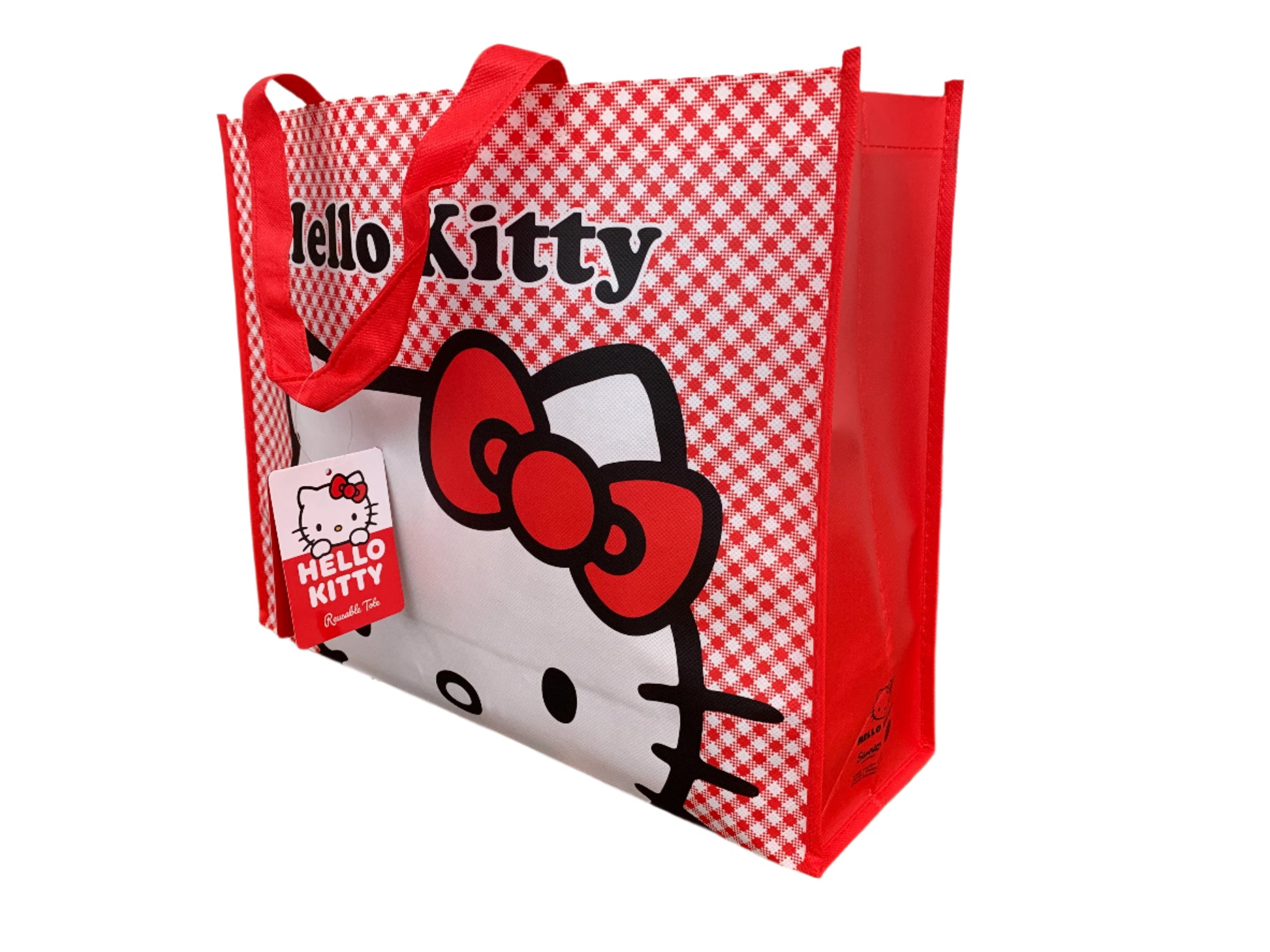 Hello Kitty tote bag with a checkered pattern on a white background