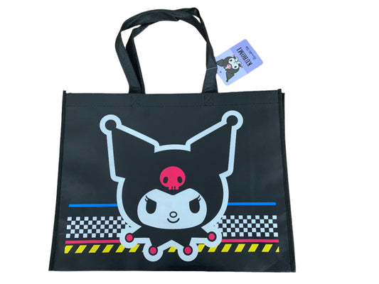 Black tote bag with a cartoon character design on a white background