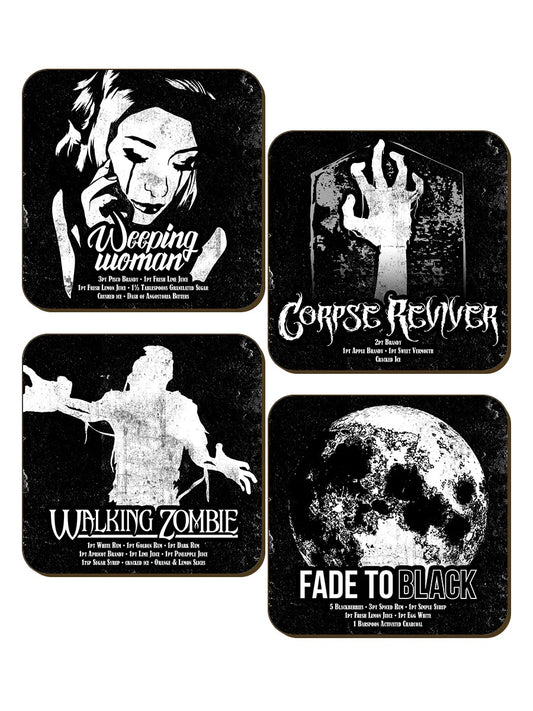 Spooky Cocktail Recipe Coasters – Set of 4 Gothic Halloween Bar Accessories