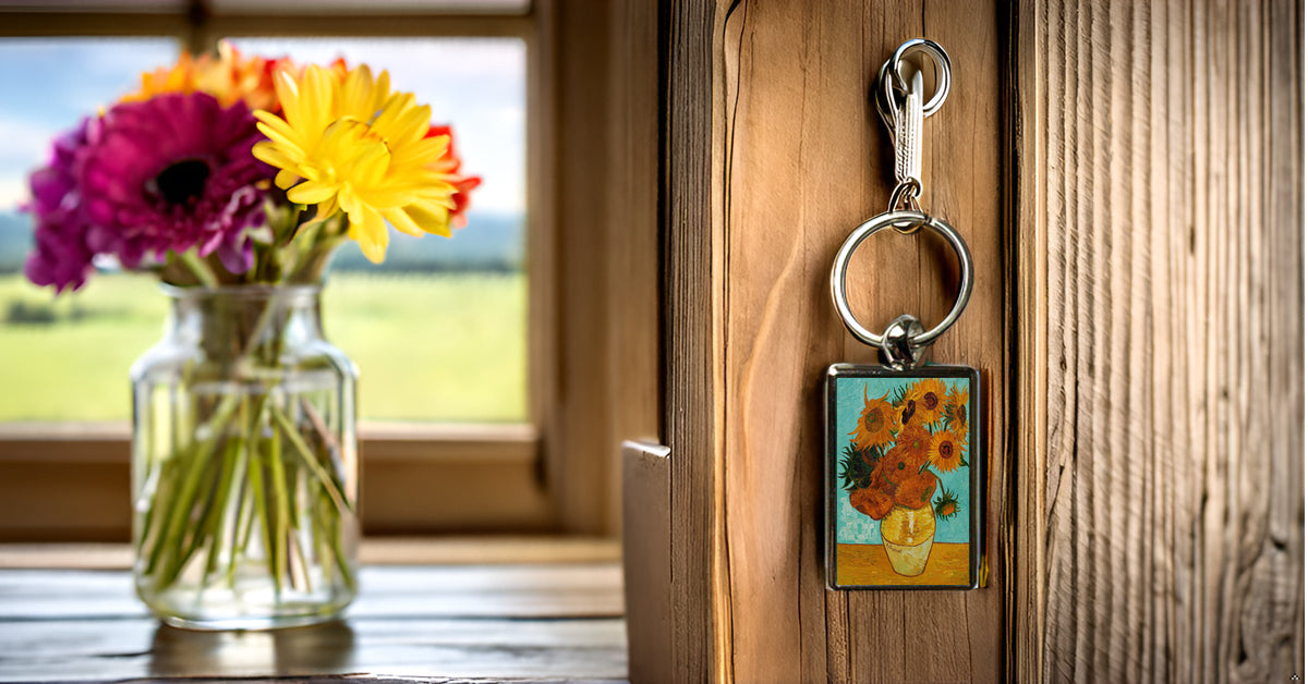 Van Gogh Sunflowers Keyring β Art Print Metal Keychain β Floral Art Gift for Her
