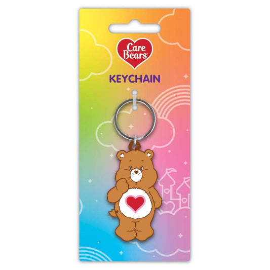 Care Bears keychain in a colorful package with a rainbow gradient.
