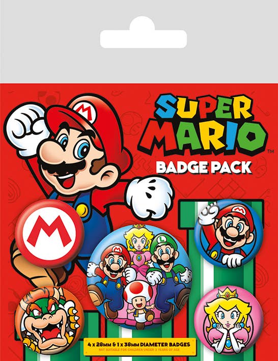 Nintendo Super Mario Badge Pack – Set of 5 Character Pins Featuring Mario, Bowser & Peach