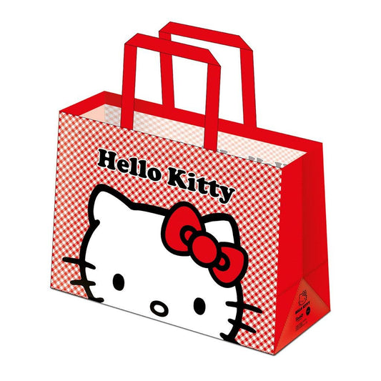 Red and white checkered shopping bag with Hello Kitty face and bow design on a white background