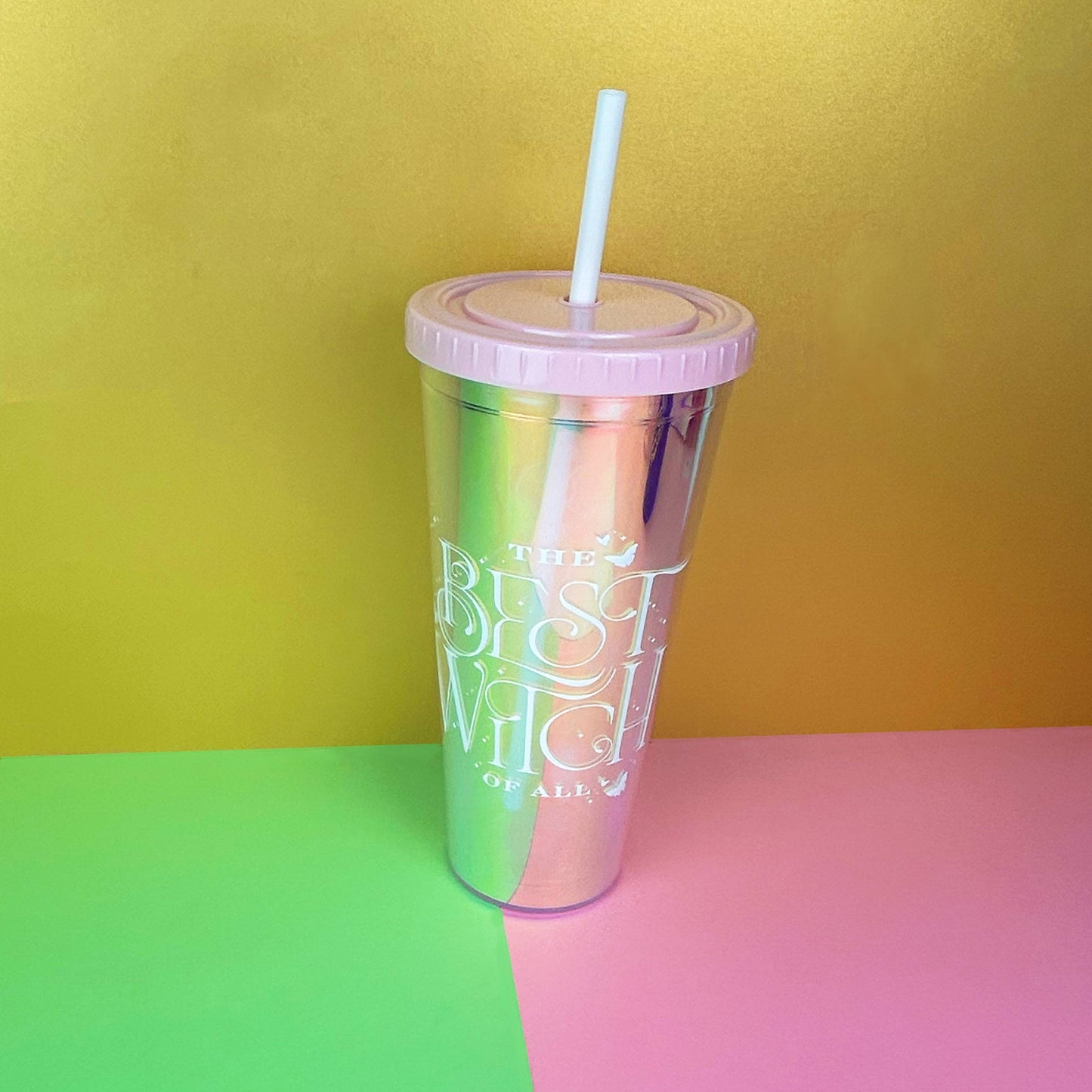 Wicked 650ml Pink Holographic Beaker with Lid & Straw – Officially Licensed Glinda Cup