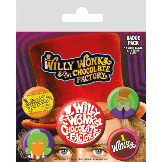 Willy Wonka & The Chocolate Factory Badge Pack – Set of 5 Official Pin Badges