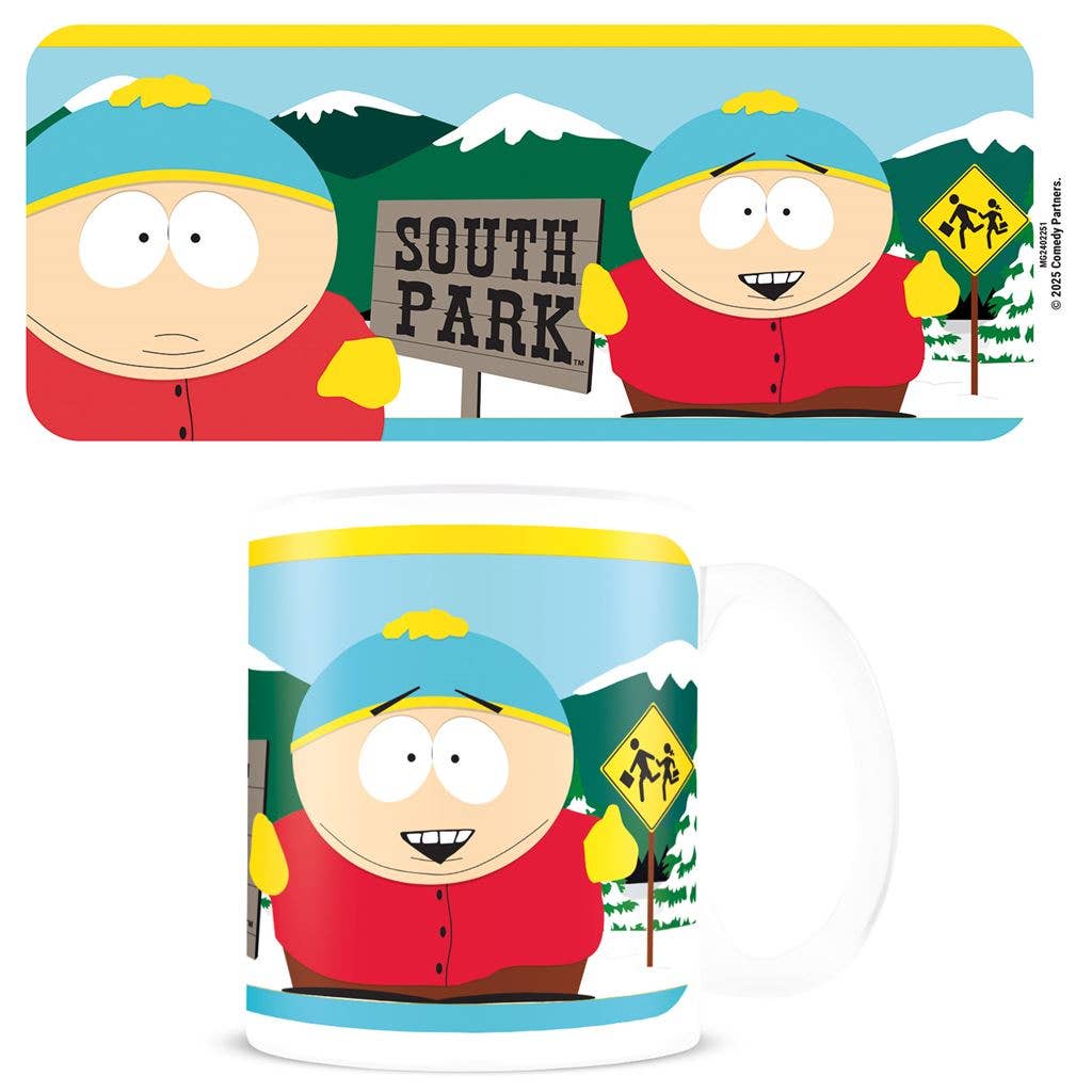 South Park-themed mug with characters holding signs and a mountain background