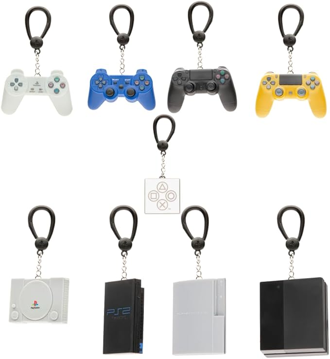 Set of keychains shaped like gaming controllers and console logos on a white background