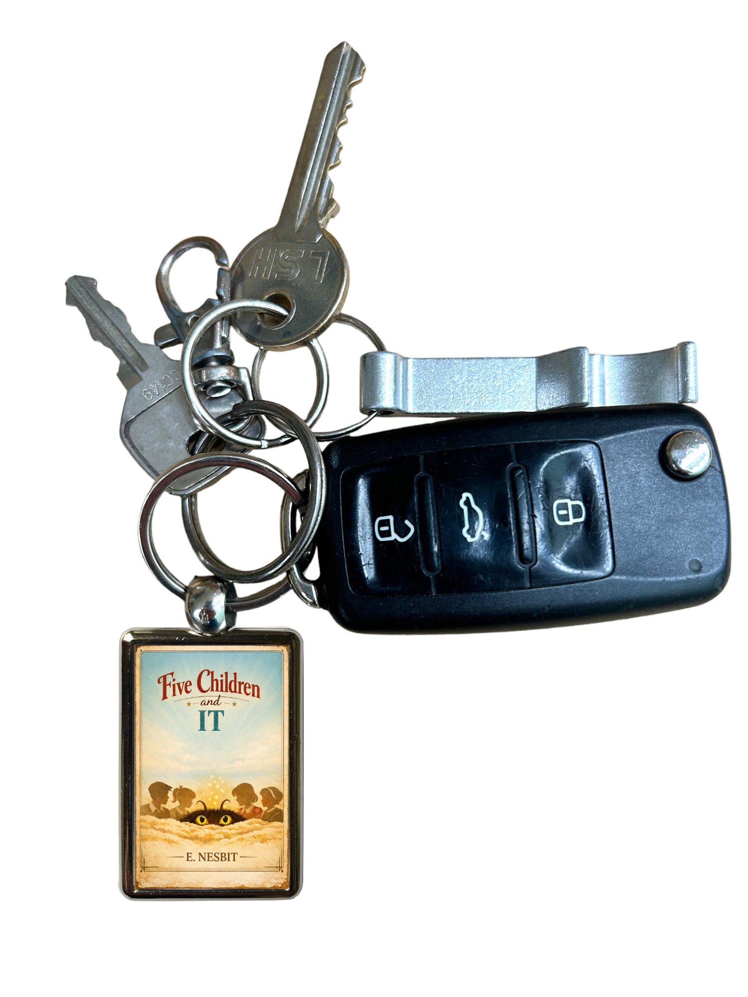 Five Children and It metal keyring attached to a set of keys