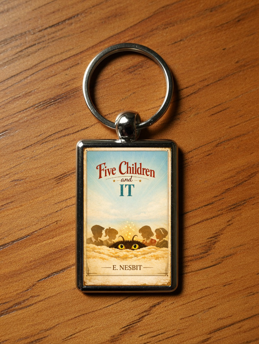 Five Children and It metal keyring displayed on a wooden table