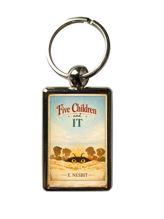 Five Children and It book-cover metal keyring on a white background