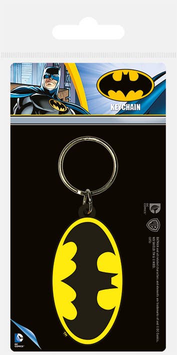 Batman keychain on a packaging card with the Batman logo.