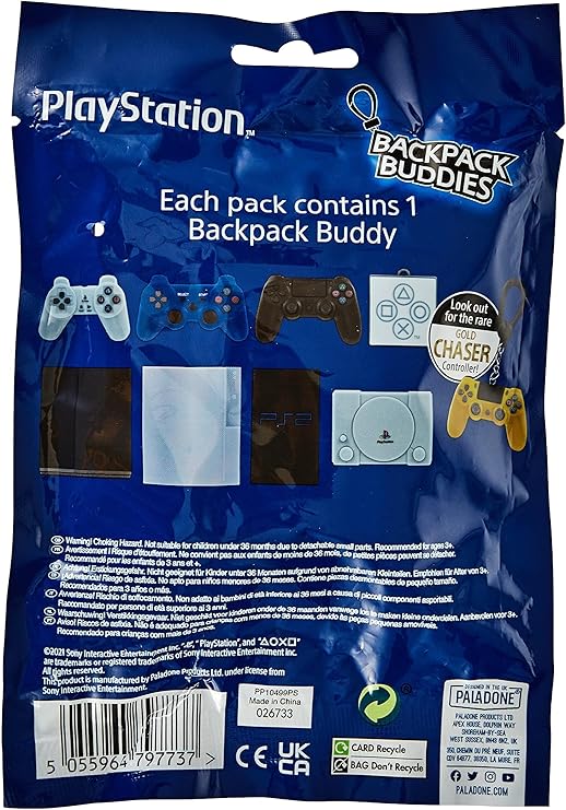 PlayStation Backpack Buddy packaging with graphics and text on a blue background