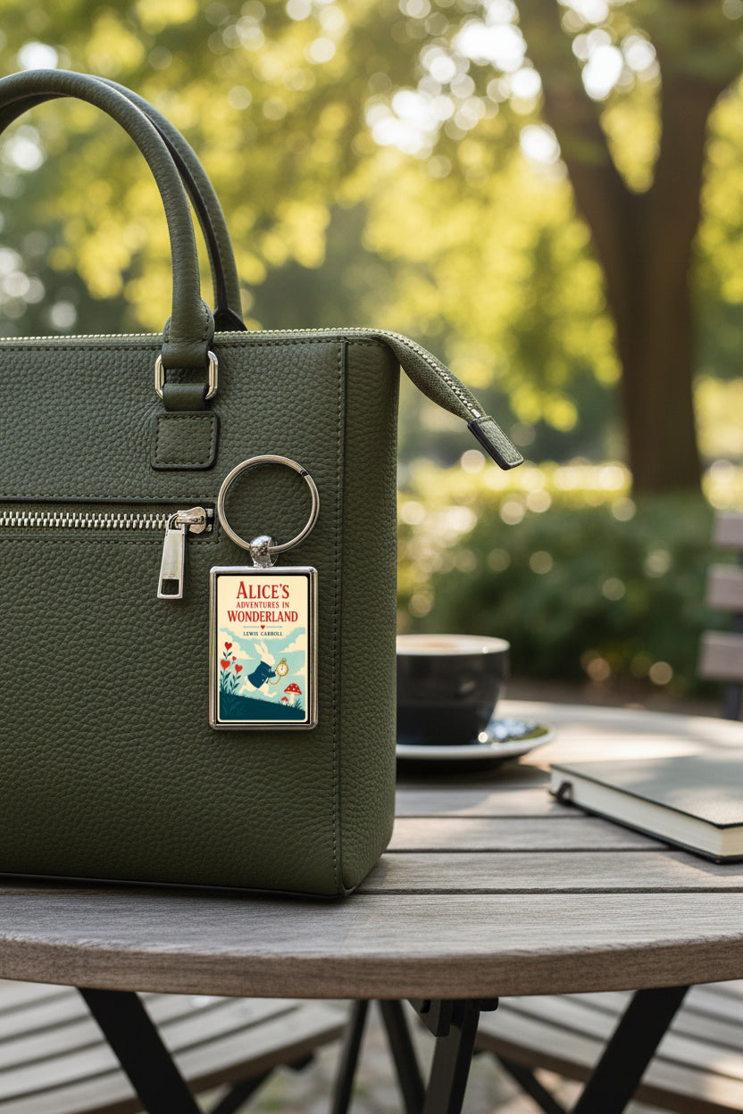 Alice’s Adventures in Wonderland White Rabbit keyring attached to a handbag