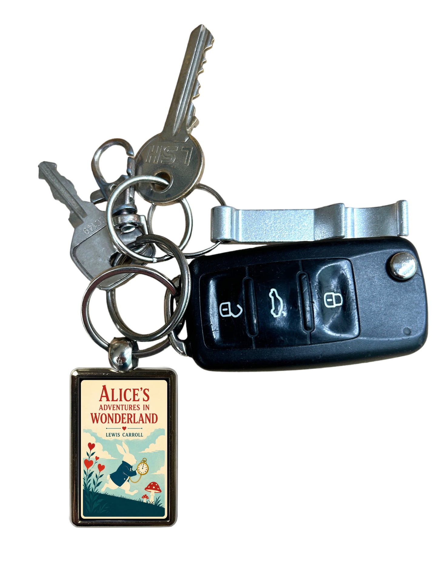 Alice’s Adventures in Wonderland White Rabbit keyring attached to keys