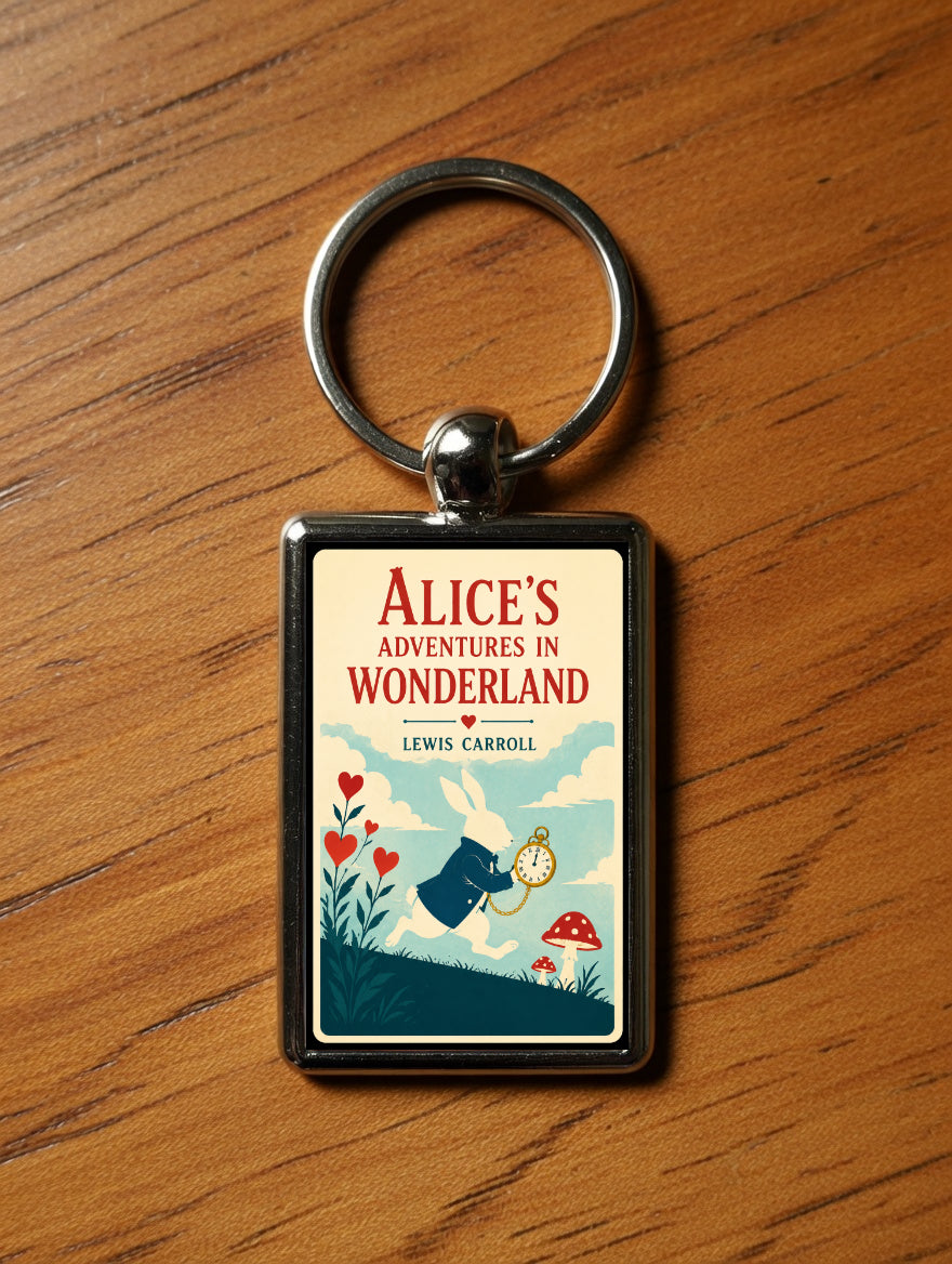 Alice’s Adventures in Wonderland White Rabbit keyring on a wooden table