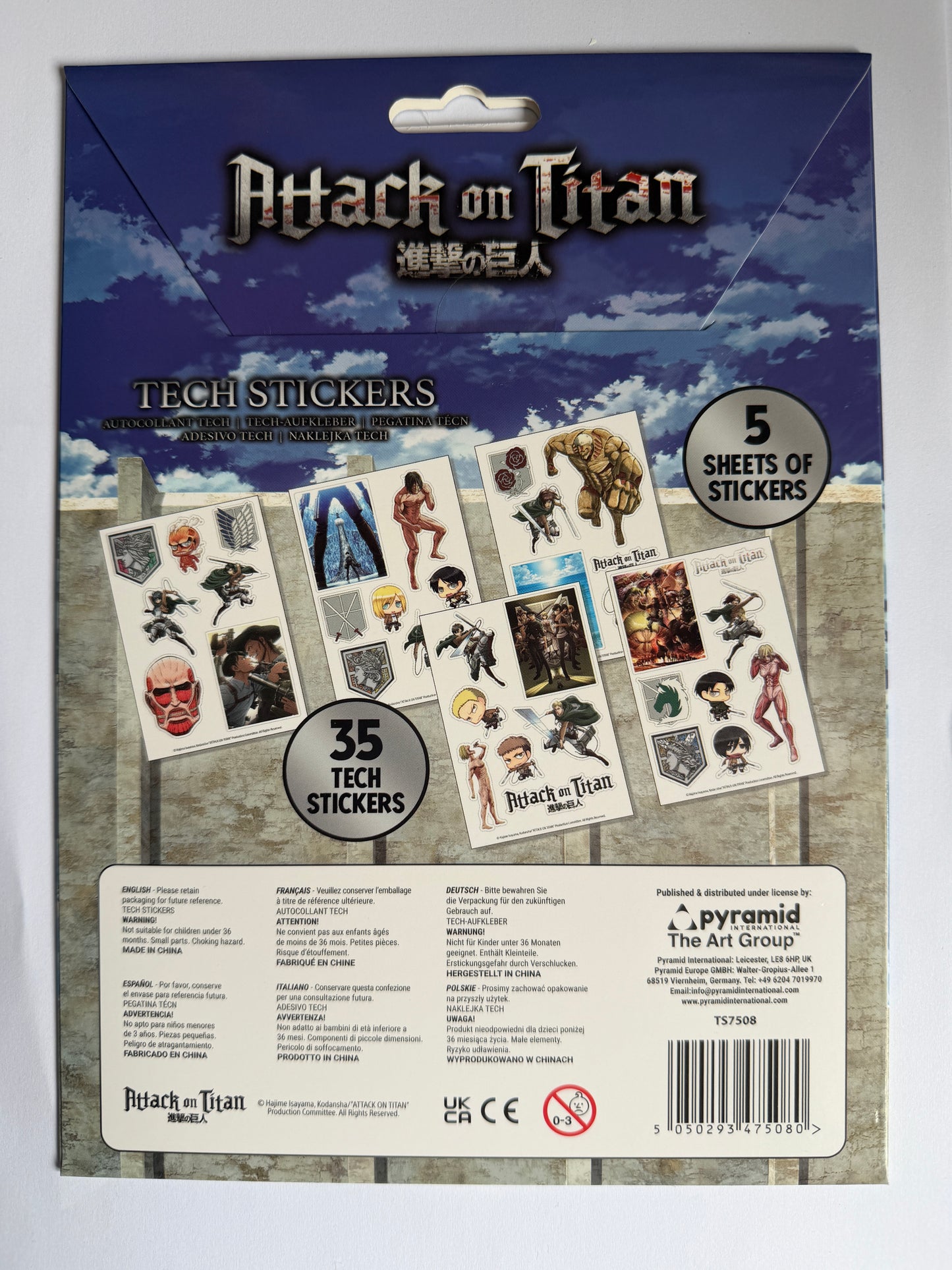 Attack on Titan tech stickers packaging with character illustrations on a blue sky background